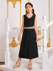 Tween Girls Metallic Print Long Jacket And Dress 2Pcs Set - Multicolor - View 5