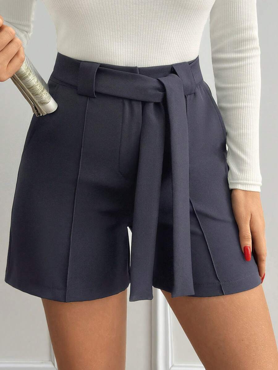RueChic Casual Plain High Waist Shorts - Navy Blue - View 1