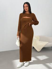 EURMUSE Women Solid Color Front Twist Cable Knit Pattern Pullover & Sweater Skirt Set - Brown - View 4