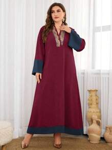 Al Najma Elegant Round Neck Color Block Plus Size Dress, Modest Kaftan Maxi Dresses, For Evening Party/Wedding Guest/Anniversary
