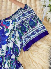 SHEIN فستان طابع نمطي تقليدي مطبوع بزهور للفتيات المراهقات، طراز للعطلات - متعدد الألوان - مشاهدة 5