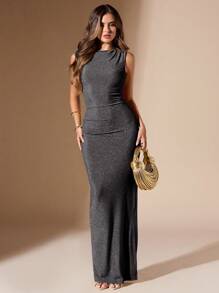 SHEIN BAE 橄榄绿色褶皱紧身连衣裙，百搭长款无袖夏季连衣裙 - 銀色 - 查看 3