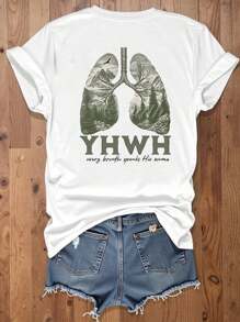 Calvaya Camiseta gráfica de manga corta de cuello redondo con el texto "YHWH Lungs Christian, Delante y Detrás, Cada respiración pronuncia Su nombre, Nombre de Dios" para mujer de talla grande - Blanco - Ver 2