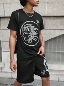 PAVTROS Men's Graphic Print Short Sleeve T-Shirt And Shorts Set, Making It An Excellent Gift Idea For Boyfriends Or Husbands. Men Clothes Men T Shirt Co Ords Graphic Tees For Men,Men's Young Street Style, INS Versatile Best-Selling  T-Shirt Set , The Personalized Patterns On The Chest And Shorts Are Full Of Fashion Sense. The Overall Style Is Avant-Garde And Bold, Showing A Unique Street Fashion Atmosphere, Suitable For Outdoor Sports And Leisure Occasions. - Black - View 7