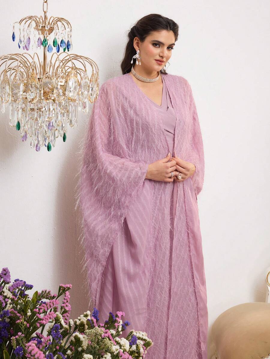 Al Najma Women's Arabic Clothing Set: Flare Sleeve Abaya & Dress - Pink - View 1