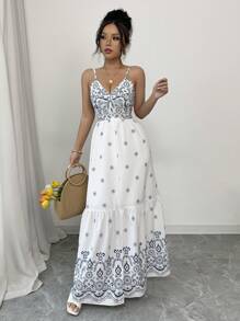 Chiquease Women's V-Neck Spaghetti Strap Retro Waist Drawstring Split Hem Floral Print Dress, Suitable For Spring/Summer Island Vacation - White - View 3