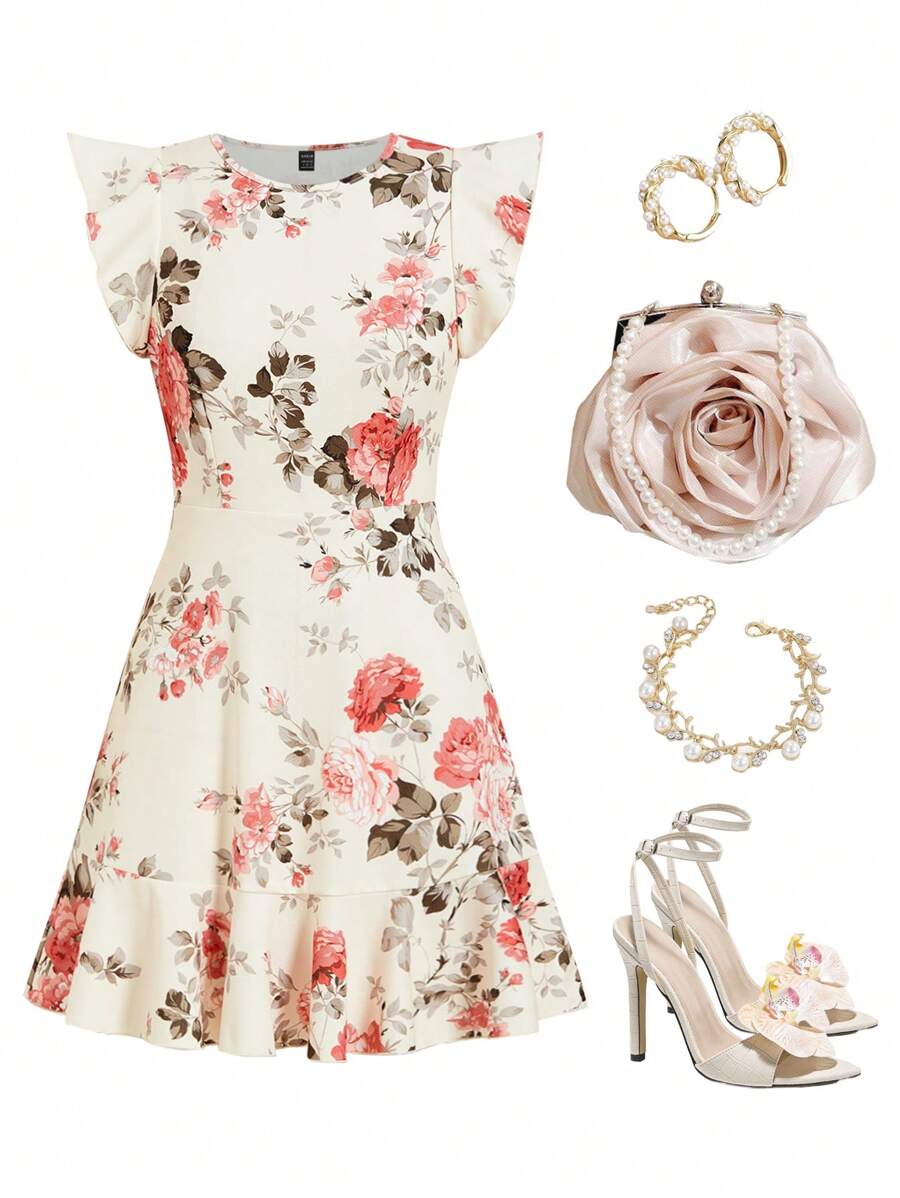 Ellevyn Elegancka sukienka damska z nadrukiem kwiatowym na wiosnę i małymi rękawami, ściągaczem w talii i falbanką