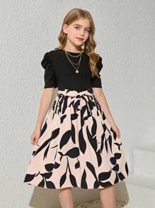 SHEIN Váy len dệt kim chắp vá họa tiết hoa cổ tròn tay ngắn cho bé gái tuổi mới lớn mặc hàng ngày - màu đen - Xem 5