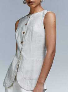 Athîral Women's Stone Button Front Line Look Waistcoat , Everyday Wear Tailoring - Apricot - View 2