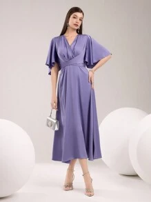 Modelyn 女士纯色中长连衣裙，简约时尚，适合日常休闲穿着 - 紫色 - 查看 5