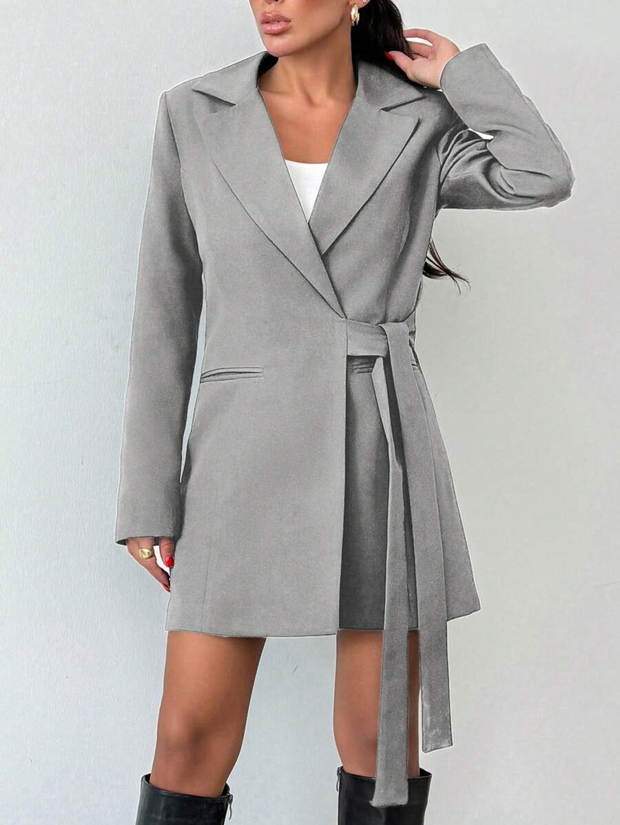 EURMUSE Women's Solid Color Notched Collar Long Sleeve Casual Side Tied Blazer, Autumn - Grey - View 1