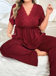 Plus Size V-Neck Ruffle Patchwork Belted Short Sleeve Loungewear Set - Burgundy - View 3