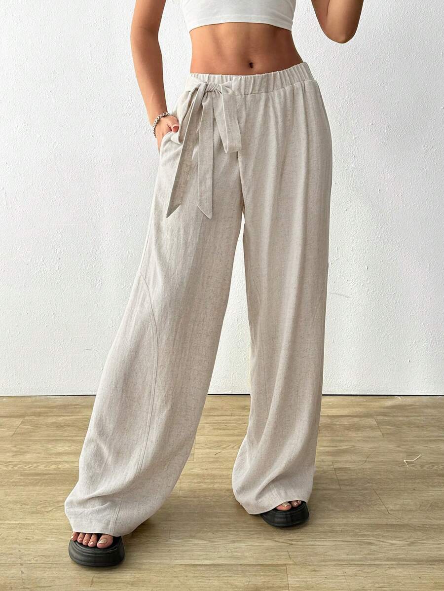 SHEIN EZwear 女士纯色打结腰阔腿休闲裤 - 杏色 - 查看 1