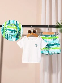 SHEIN Playful Pals Bộ trang phục thường ngày đi biển mùa hè cho bé trai 3 món - Áo phông tay ngắn họa tiết sọc, quần short cạp chun, mũ rộng vành chống nắng - Nhiều màu - Xem 4