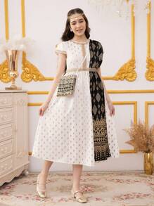 SHEIN 少女锡箔圆点印花拼布系带袖连衣裙 - 彩色 - 查看 1