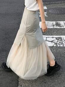 FRIFUL Women Long Mesh Patchwork A-Line Skirt Fall Skirts - Khaki - View 6