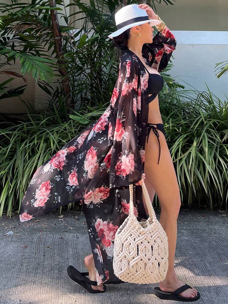 Women Floral Print Side Slit Sheer Kimono Cover Up, For Summer Beach Vacation Boho