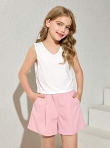 SHEIN 3pcs/Set Tween Girl Street Casual Solid Woven Long Sleeve Shirt, Shorts And Camisole