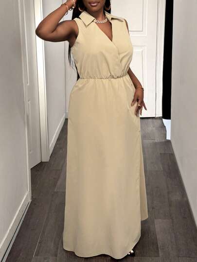 Slaydiva 女士加大码无袖交叉纯色中长连衣裙，优雅工作休闲连衣裙，适合春夏季