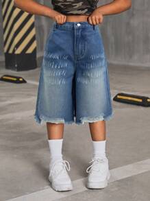 SHEIN Tween Girl Casual Ripped Loose Denim Shorts - Medium Wash - View 4