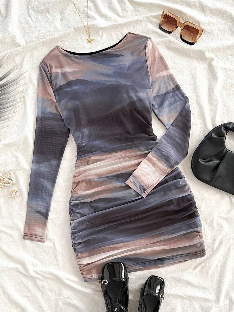 Soleia Autumn/Winter Casual Tie-Dye Long Sleeve Bodycon Dress For Women,Vacation Outfits Women
