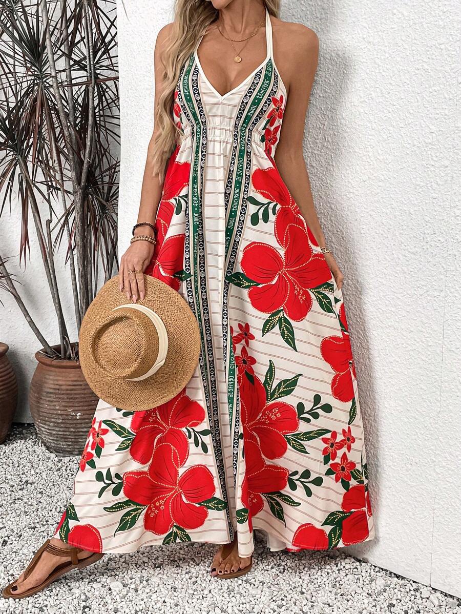 Breezaya Women's New Fashion Summer Vacation Spaghetti Strap Neck Print A-Line Dress