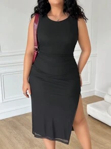 SHEIN EZwear 网眼双层无袖修身大码女式连衣裙 - 黑色 - 查看 1