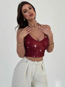 Firerie Elegant Sexy Halter Neck Backless Sequin Sleeveless Cami Crop Top, Party, Motorcycle, Clubwear Style, Burgundy Red Concert Rave Women - Burgundy - View 6