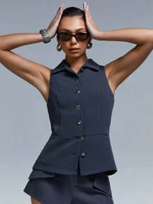 Athîral 女士休闲通勤纯色前扣无袖上衣