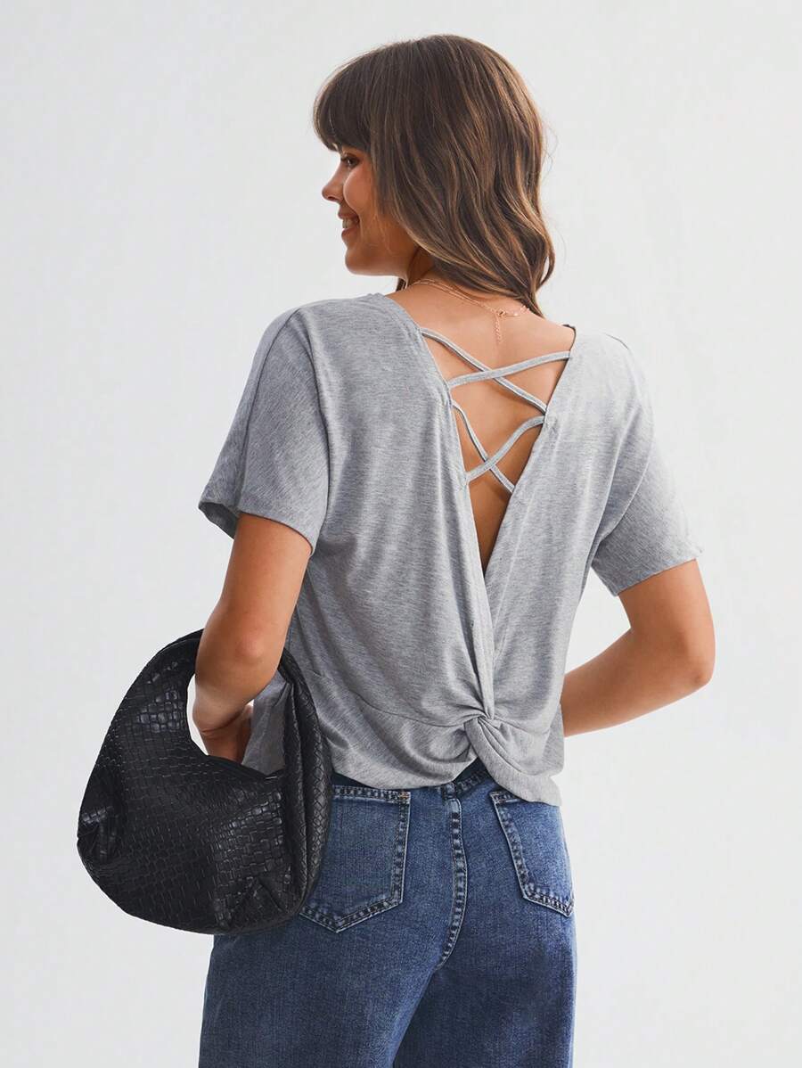 SHEIN LUNE Women's Criss-Cross Strap Backless Twist Floral Print Casual Comfortable T-Shirt - Grey - View 1