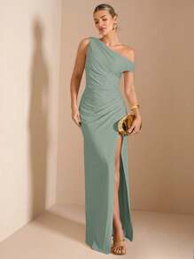 SHEIN BAE 不对称肩部褶皱简约优雅高开叉紧身连衣裙，适合鸡尾酒会、浪漫约会、秋冬季分层穿着、聚会、派对、伴娘、夜间外出、万圣节、圣诞节