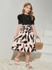 SHEIN Váy len dệt kim chắp vá họa tiết hoa cổ tròn tay ngắn cho bé gái tuổi mới lớn mặc hàng ngày - màu đen - Xem 6