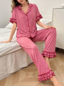 Conjunto de pijama de pantalón y top de doble capa con cuello de volantes y textura de ola en color rosa fucsia, atuendo de estar en casa