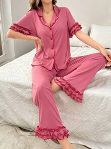 Conjunto de pijama de pantalón y top de doble capa con cuello de volantes y textura de ola en color rosa fucsia, atuendo de estar en casa
