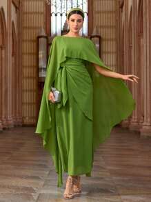 Al Najma Women's Solid Color Round Neck Batwing Sleeve Waist Tie Dress, Arabian Dresses
