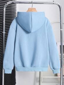 SHEIN Leap Crew Tween Boys 袋鼠口袋落肩连帽运动衫，可爱休闲日常穿着，适合春秋季节 - 淺藍色 - 查看 2