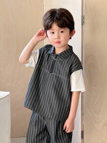 SHEIN Leap Crew 2 Packs Young Boys Boys' Casual Sports College Art Retro Japanese And Korean Loose-Fitting Striped 2 In 1 T-Shirt And Shorts Set Suitable For Kids Outfits Young Boy Clothes Back To School Boys Set Suitable For Birthday Parties, Evening Parties, Performances, Weddings, Baptisms, Opening Ceremonies, Daily Suitable For Daily Use Suitable For School Suitable For Travel Suitable For Sports Suitable For Spring And Summer Seasons - Black - View 5