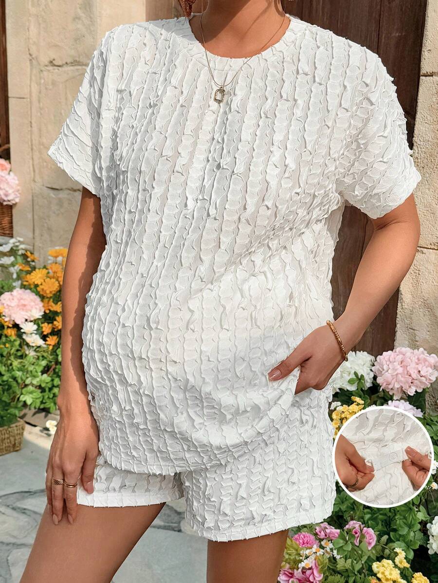 SHEIN 2pcs Maternity Solid Color Knit T-Shirt And Adjustable Waist Straight Shorts Set - Apricot - View 1