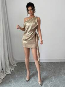 Elenzga Women Asymmetric Neck Ruched Metal-Tone Dress - Gold - View 6