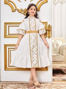 SHEIN Tween Girls Loose Elegant Embroidered Patchwork Ribbon Trim Stand Collar Dress - White - View 4
