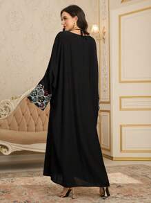 Layrah Women's Elegant Sequined Embroidered Batwing Sleeve Turkish Maxi Dress, Kaftan & Jalabiya, Luxury Evening Dresses For Women - Burgundy - View 2