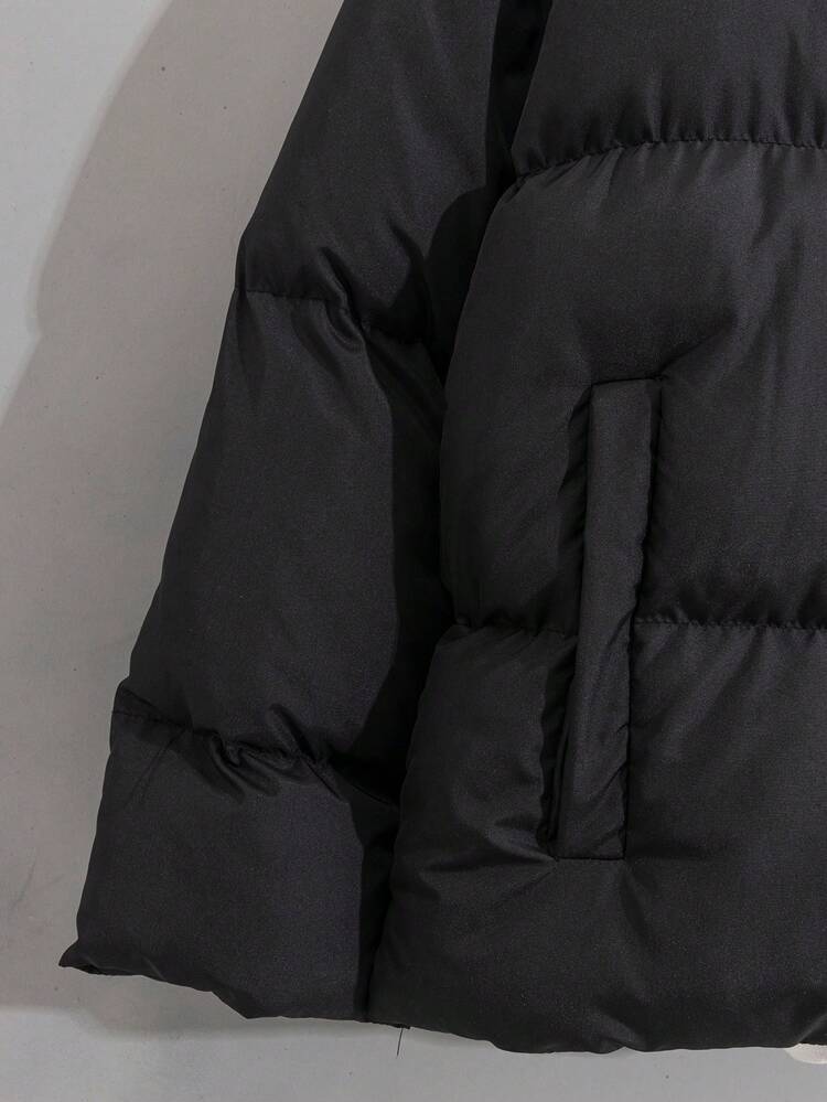 RueChic Abrigo acolchado con capucha y forro impreso de patrón completo para hombres - Negro - Añade 5