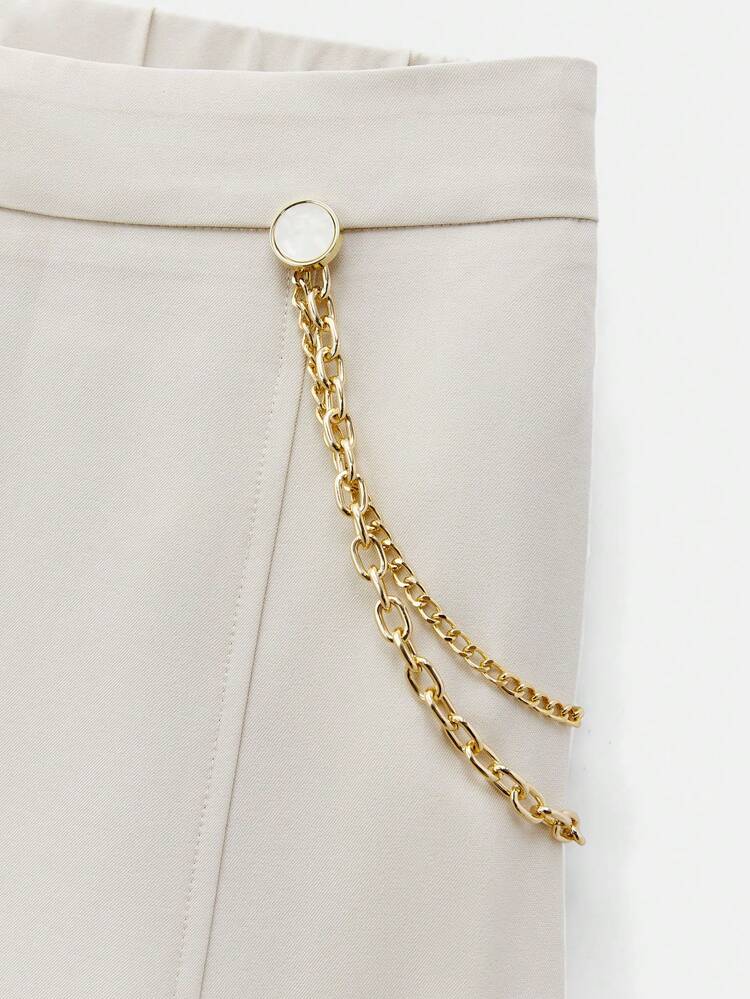 SHEIN Maija Spring And Summer New Apricot Metal Chain Decorated Women's Skirt, Urban, Modern, Elegant, Sleeveless, Daily Casual Commuting, Suitable For Going Out On Vacation, Holiday Party, Wedding Date