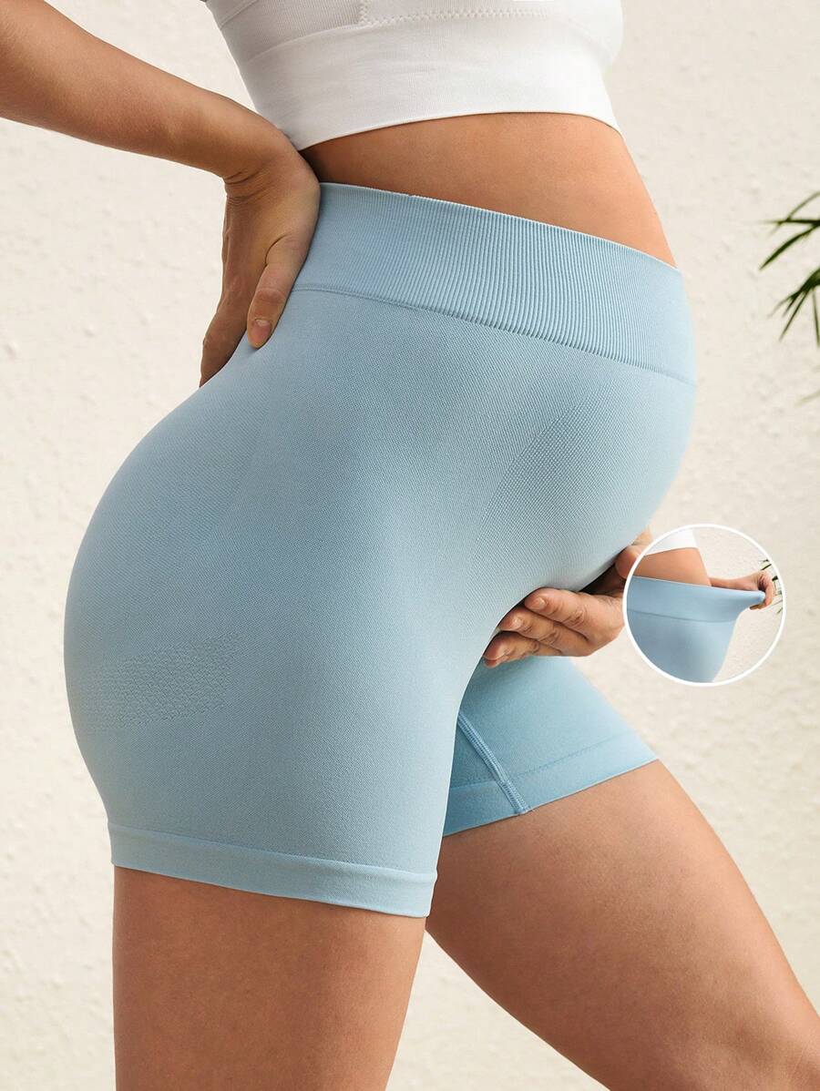SHEIN Seamless Knit Maternity Workout Shorts, Stretchy & Supportive Yoga Fitness Shorts For Pregnant Women - Blue - View 1