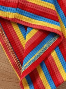 Young Girl 3 Pieces Set: Knit Striped Crew Neck Sleeveless Form-Fitting Casual Tank Top - Black - View 3