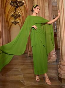 Al Najma Women's Solid Color Round Neck Batwing Sleeve Waist Tie Dress, Arabian Dresses