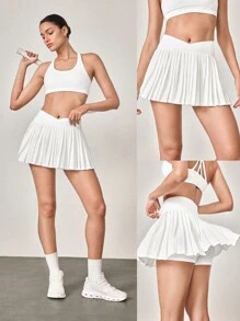 GLOWMODE Let's Play Sweat-Wicking Stretchy Mid-Rise Crossover Waist Pleated Tennis Skirt With Built-In Shorts Side Pockets Tennis Golf Daily - White - View 11