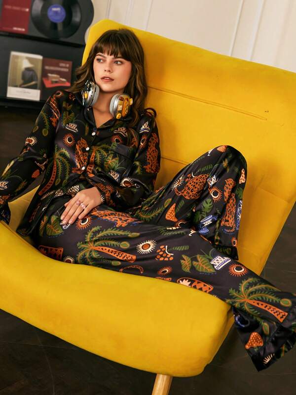 Chillnights Leopard Print Tropical Rainforest Summer Satin Pajama Set For Women Holiday Season, Fall Clothes