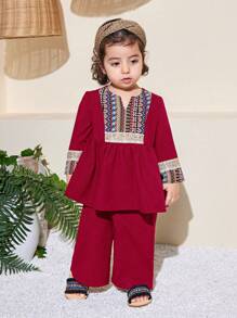SHEIN Baby Girl Cute Retro Burgundy Long Sleeve Top & Elastic Waist Pants 2pcs Set, Spring/Summer