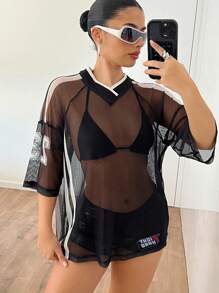 EgrlEra Women's ICONIC Hippie Style Stripe Side Sheer Letter V-Neck Graphic Tee For Spring & Summer Going Out Tops - Black - View 6